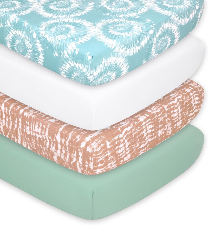 The Peanut Shell Crib Sheets, Neutral, Fitted Baby Bed Sheet Set, Standard Size Crib Mattress, 52x28, Boho Nursery Decor, 4 Pack in White, Green, Brown, Teal - Image 1